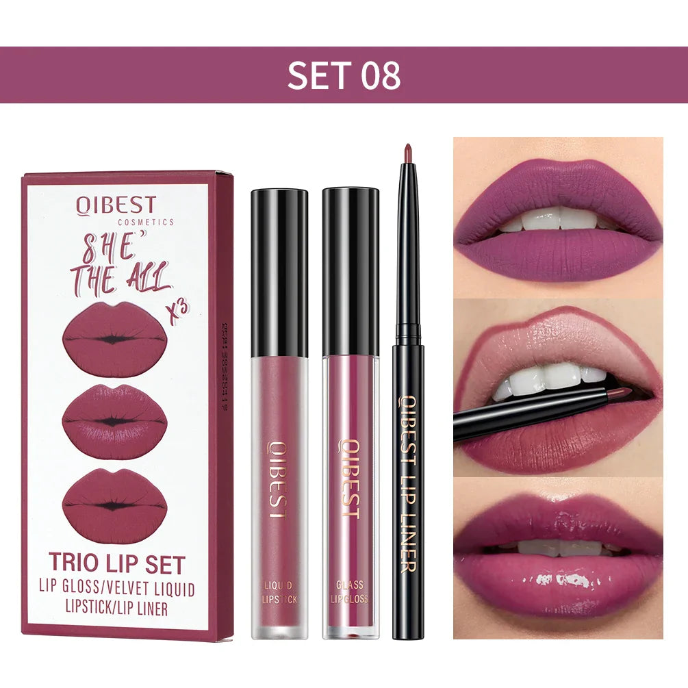 QIBEST - Kit Labial 3 em 1 (Lápis Labial, Batom Matte e Brilho Labial)