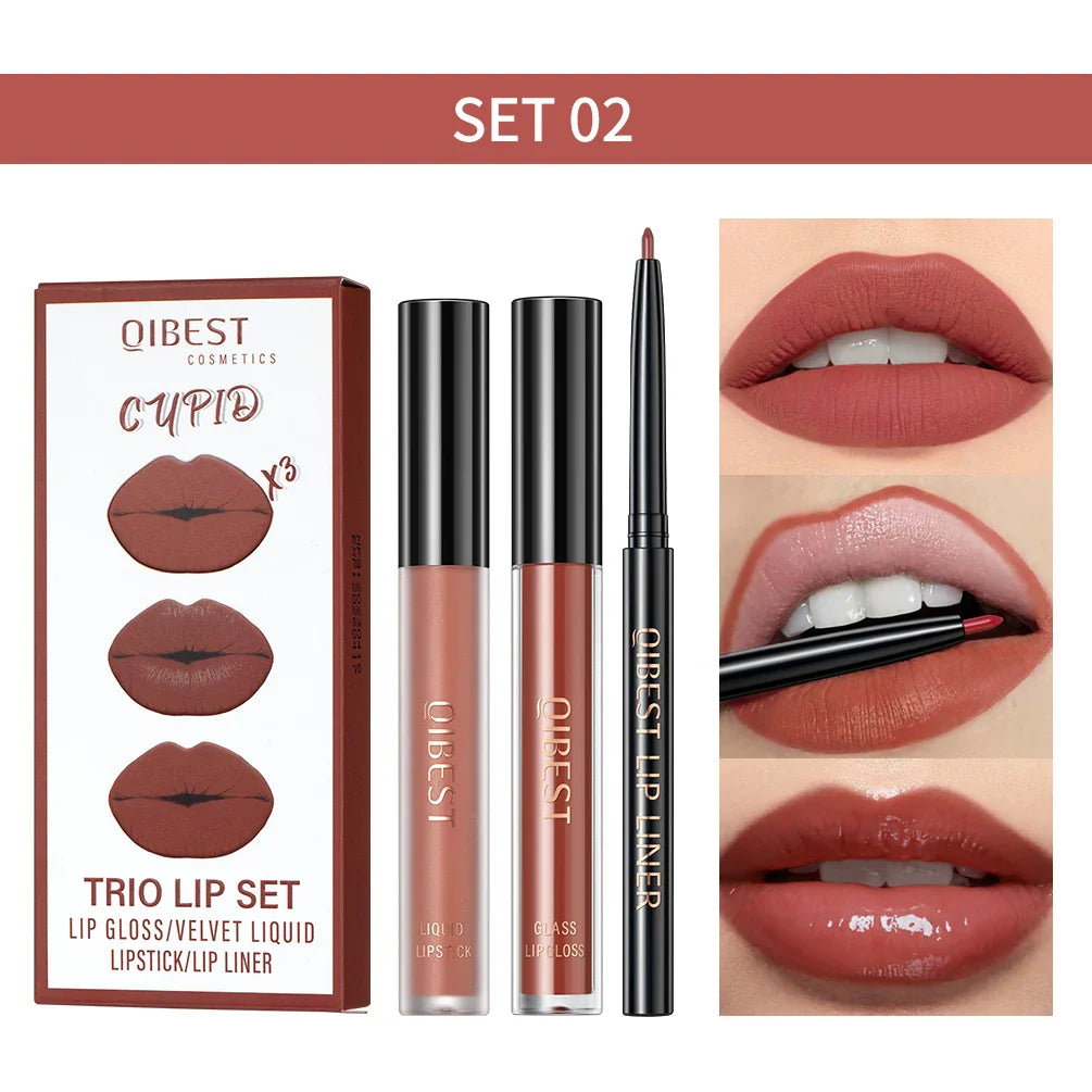 QIBEST - Kit Labial 3 em 1 (Lápis Labial, Batom Matte e Brilho Labial)