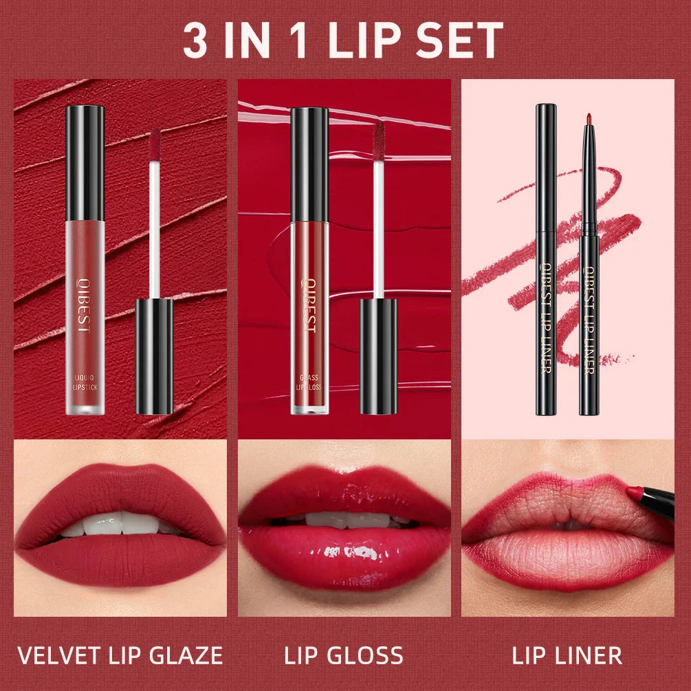 QIBEST - Kit Labial 3 em 1 (Lápis Labial, Batom Matte e Brilho Labial)