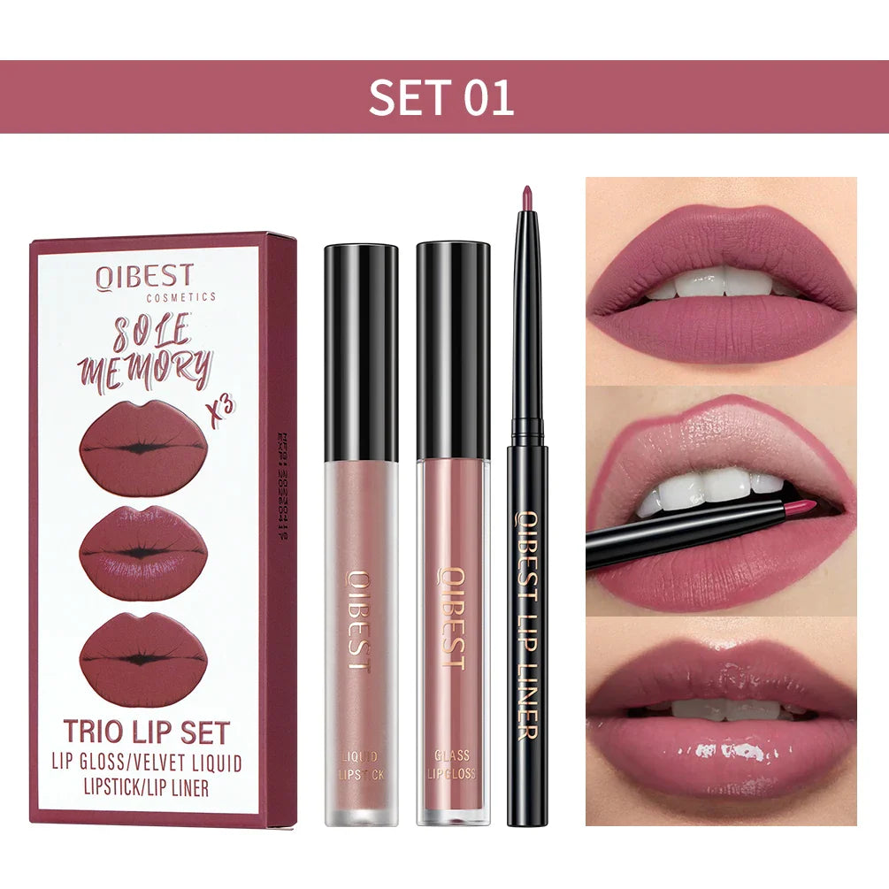 QIBEST - Kit Labial 3 em 1 (Lápis Labial, Batom Matte e Brilho Labial)