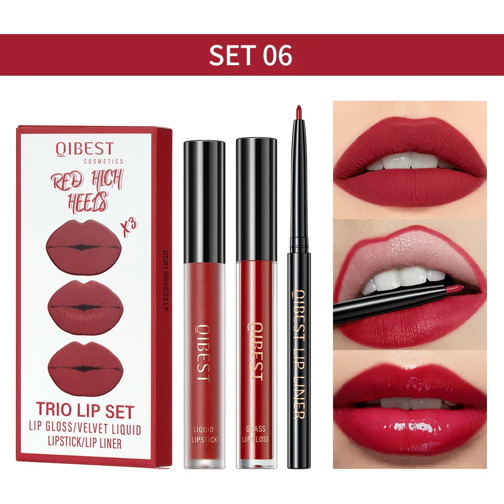 QIBEST - Kit Labial 3 em 1 (Lápis Labial, Batom Matte e Brilho Labial)