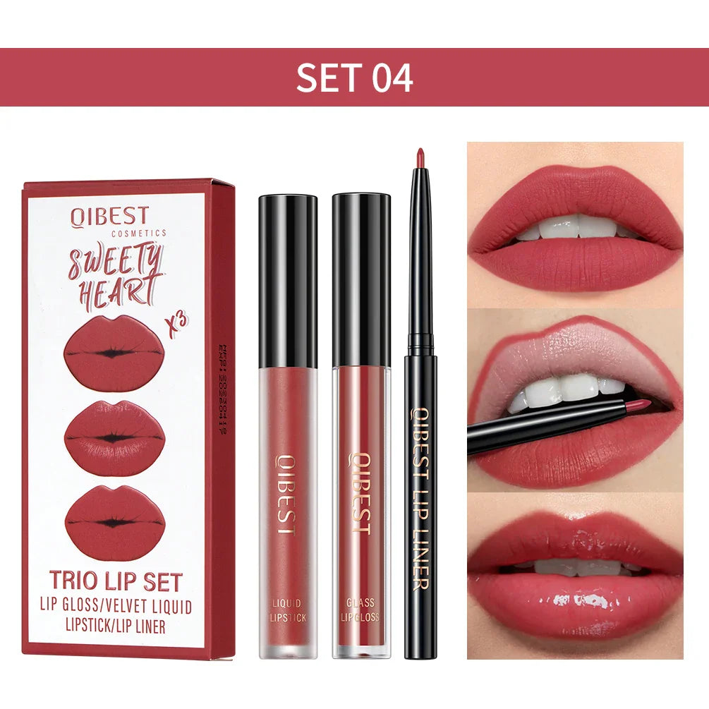 QIBEST - Kit Labial 3 em 1 (Lápis Labial, Batom Matte e Brilho Labial)