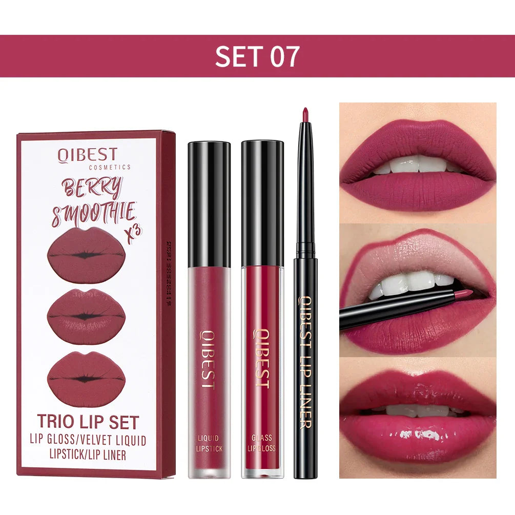 QIBEST - Kit Labial 3 em 1 (Lápis Labial, Batom Matte e Brilho Labial)